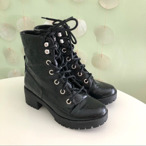 Steve Madden Patent Leather Chunky Platform Combat Moto Boots - Picture 1 of 12